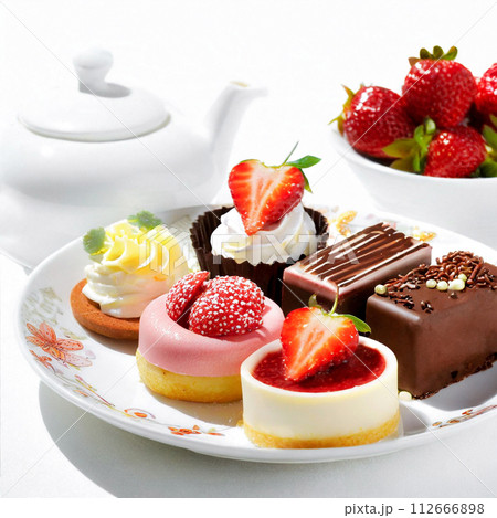 ティータイムの小さなケーキのアソートプレート 112666898