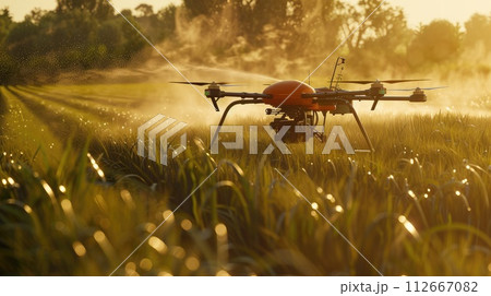 An agricultural drone flies to spray fertilizers in the fields Job at sunset 112667082