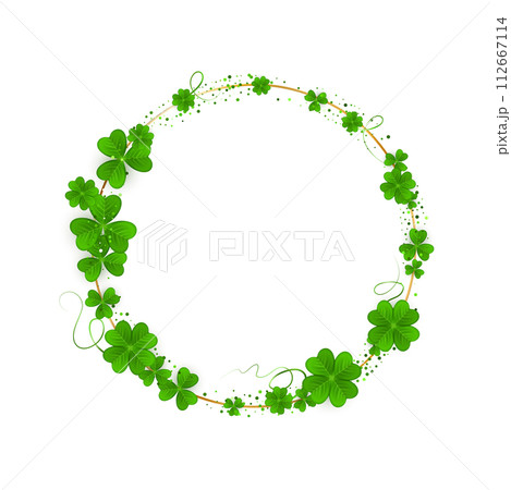 Realistic shamrock wreath. Round Clover frame. Green leaves floral garland. Trefoil border. 112667114