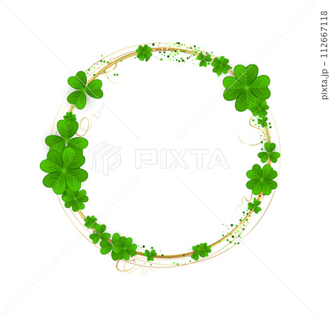Realistic shamrock wreath. Round Clover frame. Green leaves floral garland. Trefoil border. 112667118