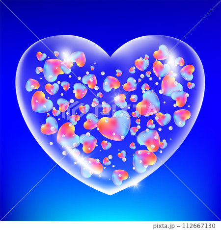 Transparent glass holographic heart. Realistic plastic gradient shape Transparent glass holographic heart. Realistic plastic gradient shape 112667130