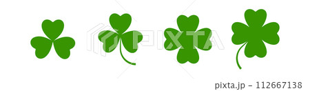 Flat shamrock icons set. Clover three and four leaves logo. Green floral symbol. 112667138