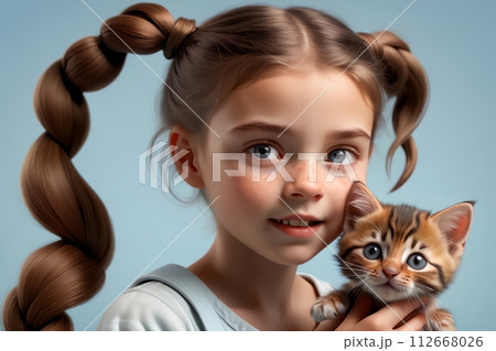 girl with little kitten, isolated on blue background 112668026