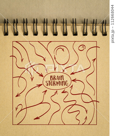 brainstorming concept with arrows representing thoughts, ideas, inputs and feedbacks, sketch in a spiral notebook 112668044
