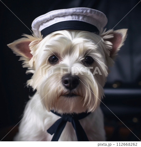 West Highland White Terrier, small fluffy white dog wearing a white sailor's cap, close-up portrait on black, cute pet 112668262