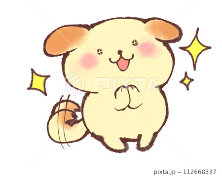 両手を上げて目を輝かせる子犬 112668337