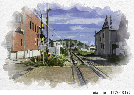 水彩画風　飯山　JR飯山線　北飯山駅へ続く線路　長野県飯山市 112668357