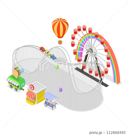 3D Isometric Flat Vector Set of Amusement Parks, Observation Wheel, Roller Coaster. Item 1 112668485