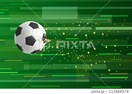 Flying soccer ball with golden confetti on abstract green background. 3d vector illustration 112668578