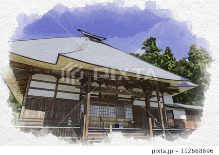 水彩画風　飯山　寺めぐり遊歩道　妙専寺　長野県飯山市 112668696