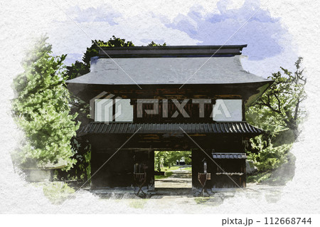 水彩画風　飯山城址公園　移築城門　長野県飯山市 112668744