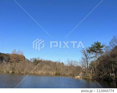 冬の晴れた空と池 112668774