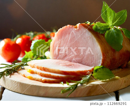スライスした白ハムの断面 112669291