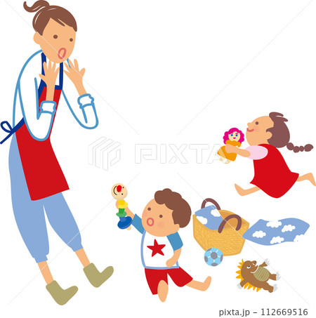 若いお母さんと子ども達　おもちゃの片付け整理 112669516