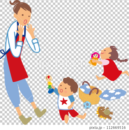 若いお母さんと子ども達　おもちゃの片付け整理 112669516