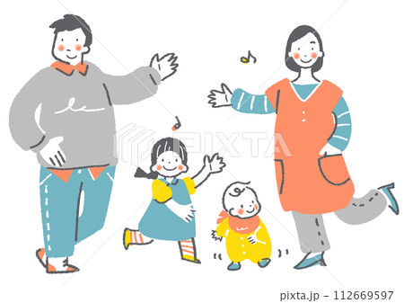 楽しい四人家族　お洒落でカワイイ手描きイラスト 112669597
