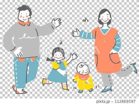 楽しい四人家族　お洒落でカワイイ手描きイラスト 112669597