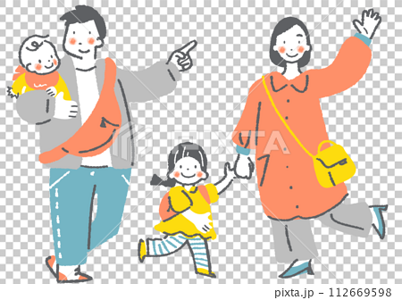 一緒に楽しくおでかけする四人家族　お洒落でカワイイ手描きイラスト 112669598