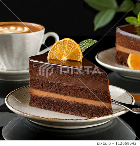 一人分のオレンジチョコレートケーキのプレートとコーヒー 一人分のオレンジチョコレートケーキのプレートとコーヒー 112669642