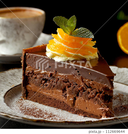 一人分のオレンジチョコレートケーキのプレートとコーヒー 一人分のオレンジチョコレートケーキのプレートとコーヒー 112669644