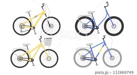 Cycling on bicycles set isolated on white background. Mountain and city bike. Vector line art illustration 112669749