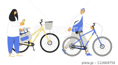 Cycling on bicycle isolated on white background. Woman and man standing near city urban bike. Vector line art illustration 112669750