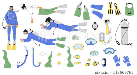 Diving set. Men and women divers swimming in water suits, oxygen masks, tanks and equipment for scuba and snorkel. Line art vector illustrations isolated on white background 112669763