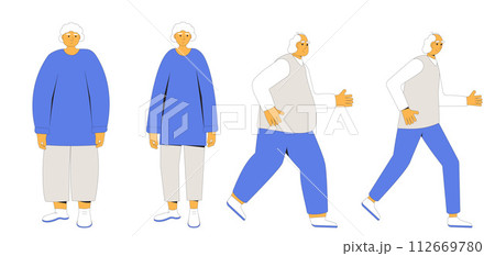Weight loss elderly people. Before and after. Senior man and woman character with different body mass Weight loss elderly people. Before and after. Senior man and woman character with different body mass 112669780