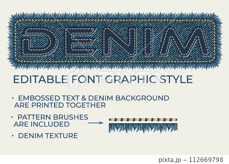 Editable text effect in denim style. Embossed letters on denim fabric textured background, yellow thread stitches, edge fringe. Letter and backdrop are printed together. Retro typography graphic style 112669798