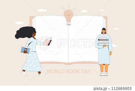 World book and copyright day banner template. Two girls with literature. Reading lovers exchange swap and fair. Learning and education holiday. Vector flat illustration 112669803