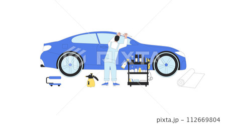 Professional wrap film installers Vehicle wrapping car detailing in studio. Repair auto. Vector illustration in flat with outline 112669804