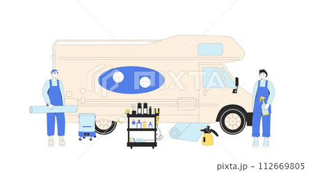 Professional wrap film installers Vehicle wrapping car detailing in studio. Repair auto. Vector illustration in flat with outline 112669805