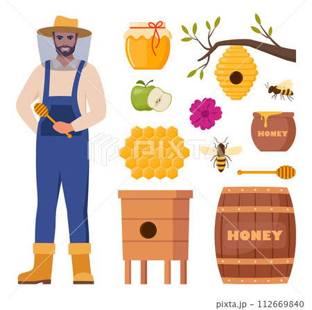 Beekeeping set. Beekeeper character, beehive, bee, honeycombs, honey jar, dipper, barrel flowers. Healthy sweet syrup. Beekeeping farm. Honey bee farming business. Vector illustration. Beekeeping set. Beekeeper character, beehive, bee, honeycombs, honey jar, dipper, barrel flowers. Healthy sweet syrup. Beekeeping farm. Honey bee farming business. Vector illustration. 112669840