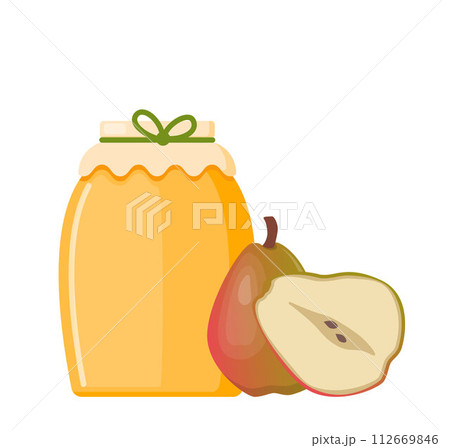 Honey in a transparent glass Jar and pear. Vector image for selling honey, bee products. Honey in a transparent glass Jar and pear. Vector image for selling honey, bee products. 112669846