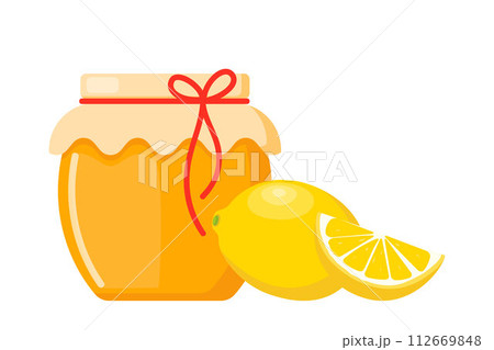 Honey in a transparent glass Jar and lemon. Vector image for selling honey, bee products. Honey in a transparent glass Jar and lemon. Vector image for selling honey, bee products. 112669848