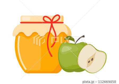 Honey in a transparent glass Jar and green apple. Vector image for selling honey, bee products. 112669850