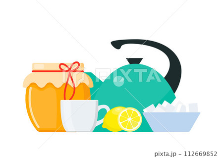 Tea collection, honey and lemon. Breakfast time composition. Vector illustration. Tea collection, honey and lemon. Breakfast time composition. Vector illustration. 112669852