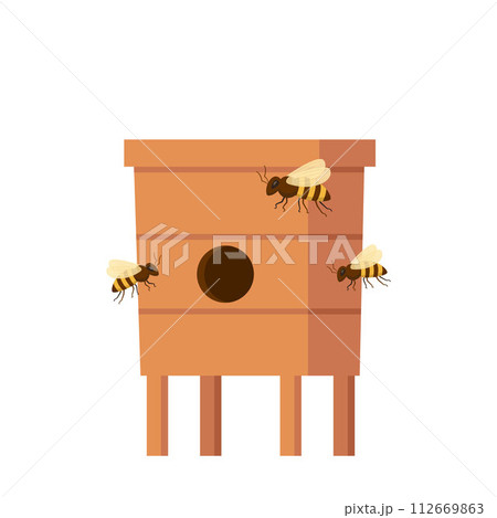 Wooden Beehive on white background. Traditional beehive natural beekeeper insect organic farm. Honeycomb food sweet home. Vector illustration. 112669863