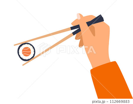 Hand holds chopsticks with sushi. Hand holds bamboo sticks. Asian cuisine. Image showing how to use chopsticks. Vector illustration. 112669883