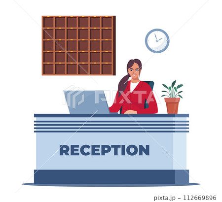 Hotel reception with computer and woman receptionist, flower in pot, clocks on wall. Modern Inn foyer, hall or lobby. Tourism, business trip concept. Vector illustration. 112669896