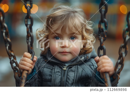 AI-generated content. Child with bright blue eyes on a swing 112669898