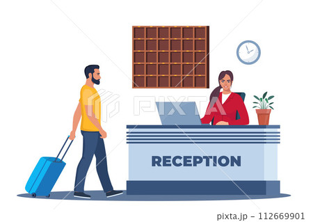 Hotel lobby, reception. Woman receptionist behind the desk, guest with baggage checking in. Hotel Arriving. Tourism, business trip concept. Interior of inn. Vector illustration. Hotel lobby, reception. Woman receptionist behind the desk, guest with baggage checking in. Hotel Arriving. Tourism, business trip concept. Interior of inn. Vector illustration. 112669901