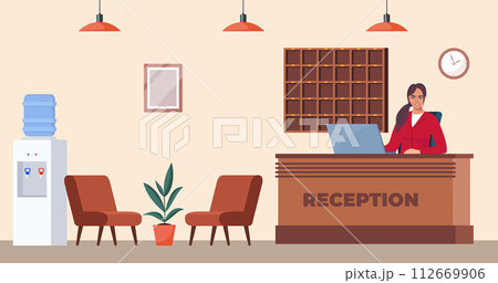 Hotel reception with computer and woman receptionist, flower in pot, clocks on wall. Modern Inn foyer, hall or lobby. Tourism, business trip concept. Vector illustration. Hotel reception with computer and woman receptionist, flower in pot, clocks on wall. Modern Inn foyer, hall or lobby. Tourism, business trip concept. Vector illustration. 112669906