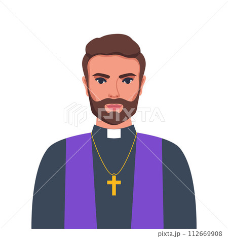 Catholic priest portrait. Catholic priest in a cassock with a cross. Vector illustration. 112669908