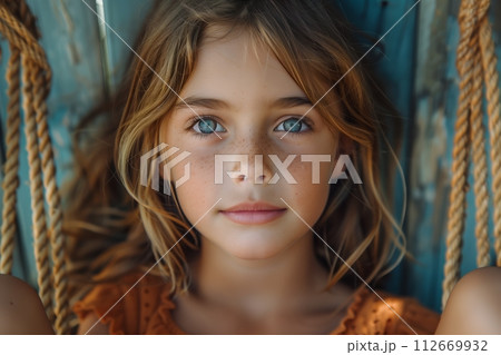 AI-generated content. Girl with blue eyes and freckles lying on swing 112669932