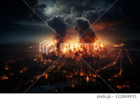 AI-generated content. City engulfed by explosive volcanic eruption at dusk 112669933