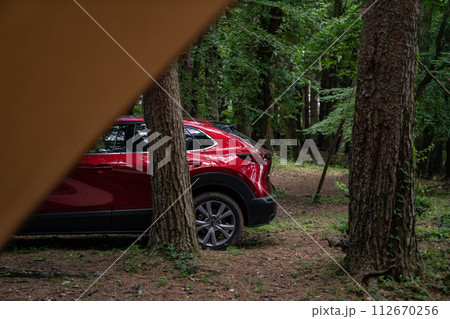 赤 車 日本車 ドライブ 山道 キャンプ場 赤 車 日本車 ドライブ 山道 キャンプ場 112670256