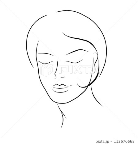 Woman face line art. Minimalistic style. Vector hand drawn beauty fashion illustration for logo, cosmetics or makeup, t-shirt prints. 112670668