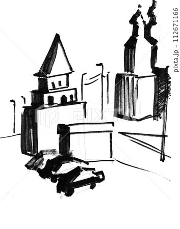 hand drawn tower, church and parking on square hand drawn tower, church and parking on square 112671166