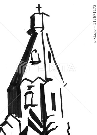 tower of cathedral drawn by hand in felt-tip pen tower of cathedral drawn by hand in felt-tip pen 112671172
